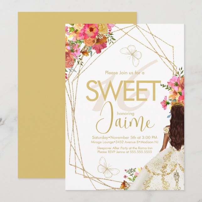 Convites Flores de Jardim de Menina com Monograma Sweet 16 (Frente/Verso)