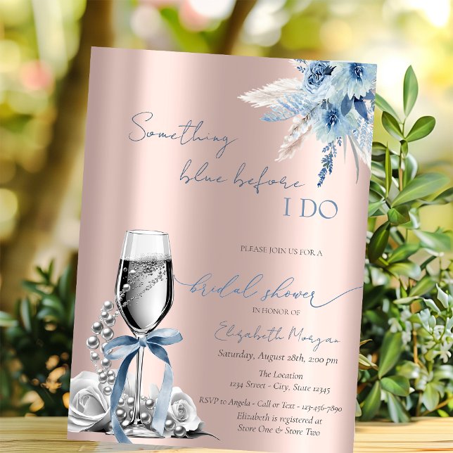 Convites Flores de Laço Azul Pérolas e Prosecco Dourado Ros (Criador carregado)