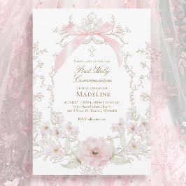 Convites flores de laço rosa quadro Primeira Comunhão