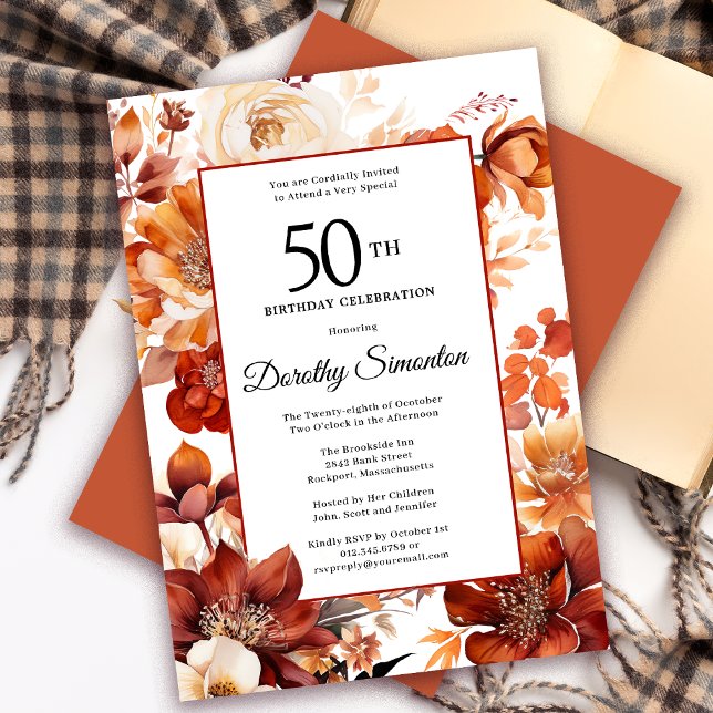 Convites Flores de Laranja Terracota Outono 50º Aniversário (Need a matching autumn floral Welcome Sign? Message me! Party supplies also available.)