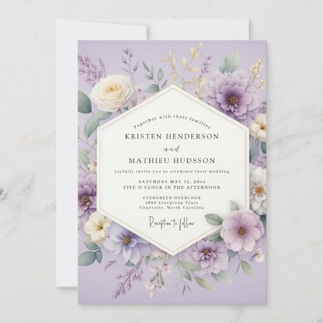 Convites Flores de Lavanda em Aquarela para Casamento (Frente)