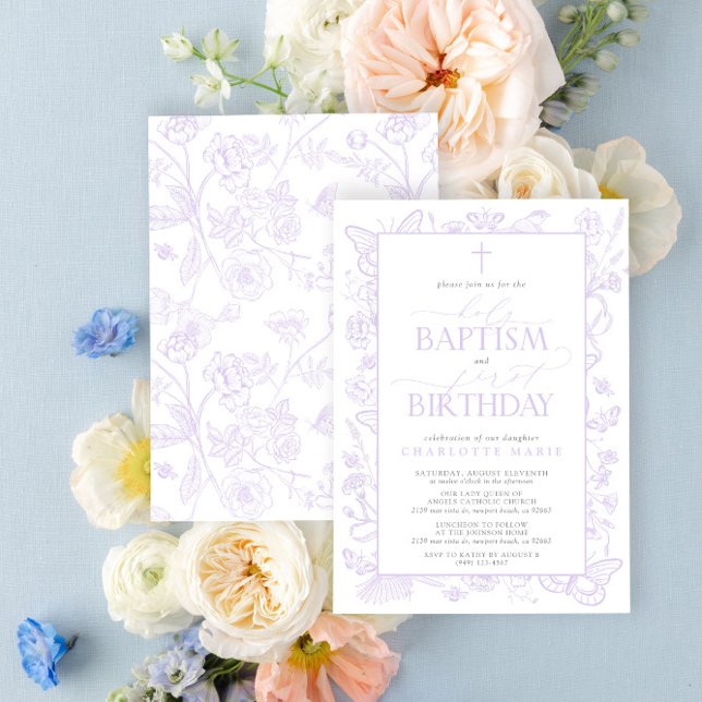 Convites Flores de Lavanda Lilac do Batismo e primeiro aniv (Easily personalize this beautiful baptism and first birthday invitation with your personal details)