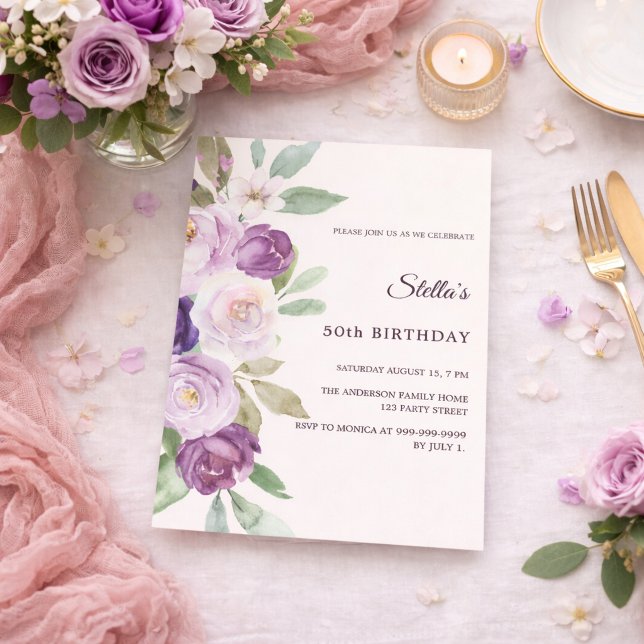Convites Flores de lavanda roxa de aniversário marfim (Criador carregado)