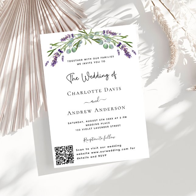 Convites Flores de lavanda violeta código QR casamento RSVP (Criador carregado)