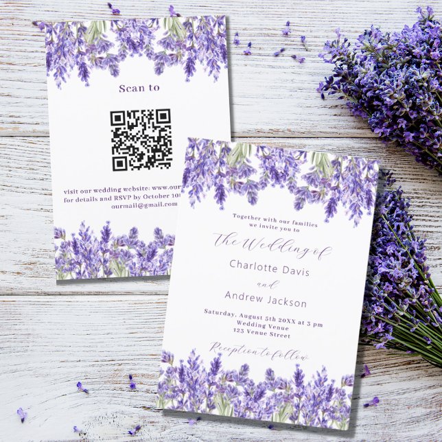 Convites Flores de lavanda violeta QR RSVP detalhes do casa (Criador carregado)