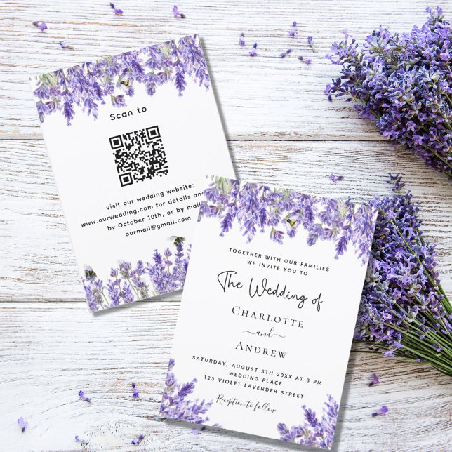 Convites Flores de lavanda violeta QR RSVP detalhes do casa (Criador carregado)