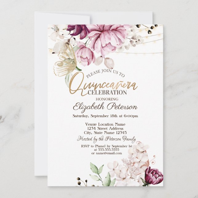 Convites Flores de Lilás Borboletas Brilhantes Quinceañera (Frente)