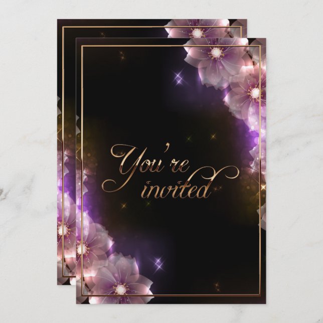 Convites Flores de luz rosa/Cordas Douradas (Frente/Verso)