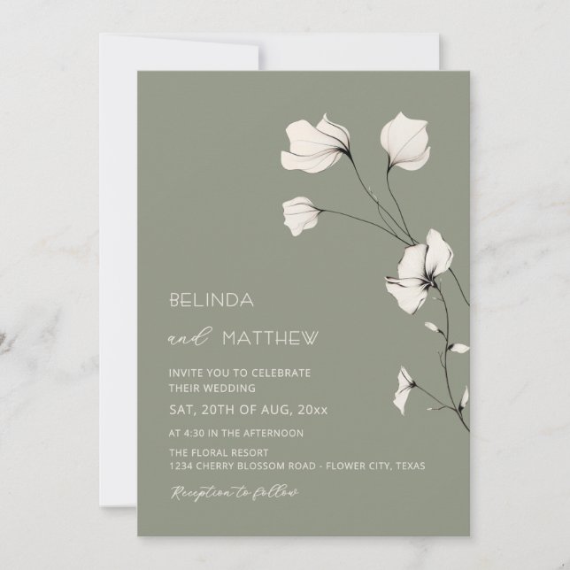 Convites Flores de Marfim Verde Salvia Casamento Informal (Frente)