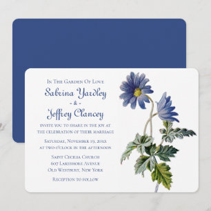 Convites Flores de Margarida Azul Marinho Casamento Aquarel