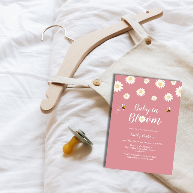 Convites Flores De Margarida Rosa Bebê Em Chá De Bloom (Pink Daisy Flowers Baby In Bloom Girl Shower Invitation)