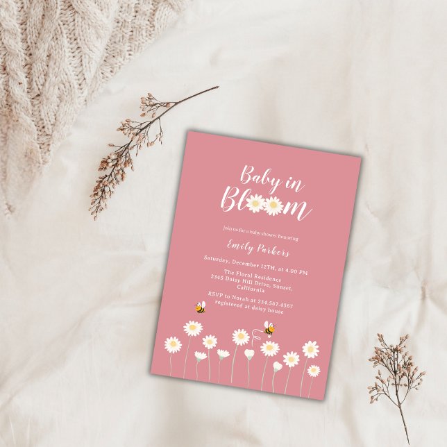 Convites Flores De Margarida Rosa Bebê Em Chá de fraldas De (Pink Daisy Flowers Baby In Bloom Baby Shower Invitation)