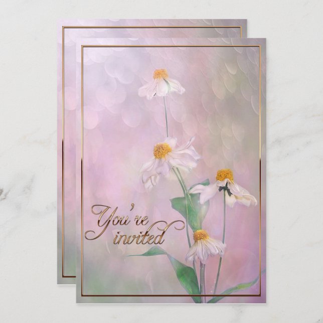 Convites Flores de margarida rosa/Dourada (Frente/Verso)