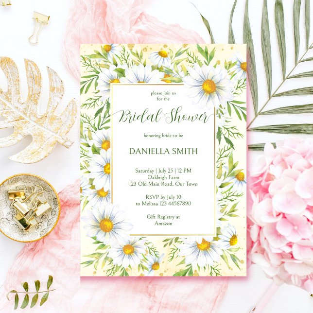 Convites Flores de margarida selvagens chá de panela de ver (Wild daisy flowers yellow green spring summer bridal shower invitation template digital download )