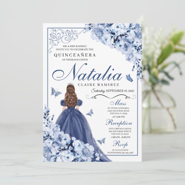 Convites Flores de Marinho Azul Dusty Tiara Quinceañera (Em pé/Frente)