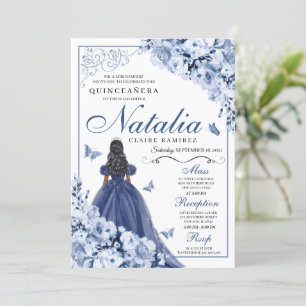 Convites Flores de Marinho Azul Dusty Tiara Quinceañera