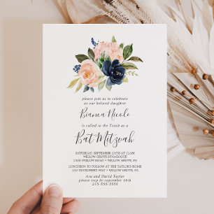 Convites Flores de Marinho e Blush  Bat Mitzvah Branco