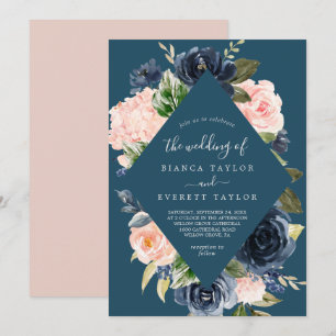Convites Flores de Marinho e Blush Casamento com Diamante