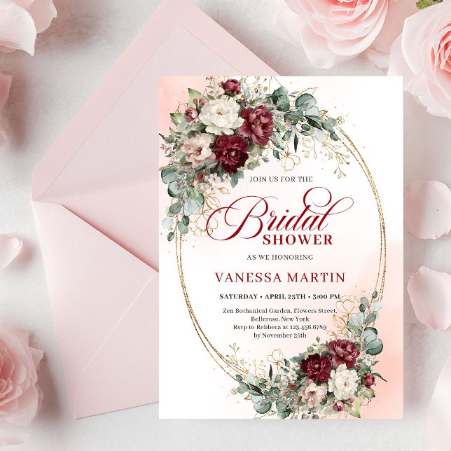 Convites Flores de Marrom Estiloso Eucalipto Chá de Noiva   (Stylish Maroon Flowers Eucalyptus Bridal Shower Card

)