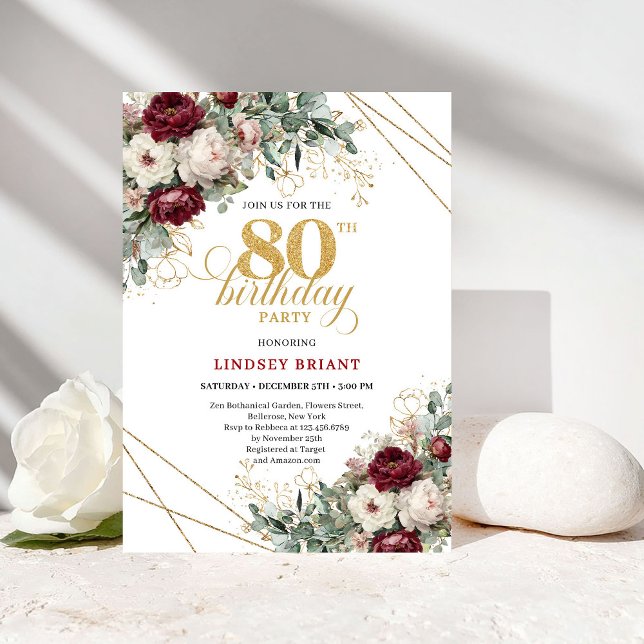 Convites Flores de Marsala Borgonha Verde 80º Aniversário (Burgundy Marsala Flowers Greenery 80th Birthday)