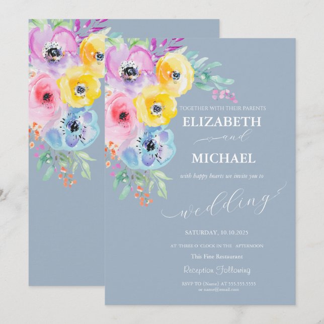 Convites Flores de Mola de Aquarela Casamento Azul Dusty (Frente/Verso)