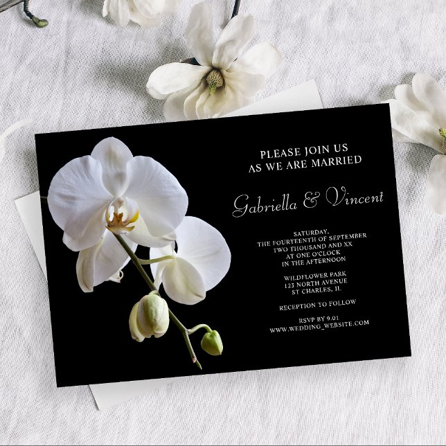 Convites Flores de Orquídea Branca no Casamento Negro (Set an elegant tone for your marriage ceremony with the White Orchid on Black Wedding Invitation.)