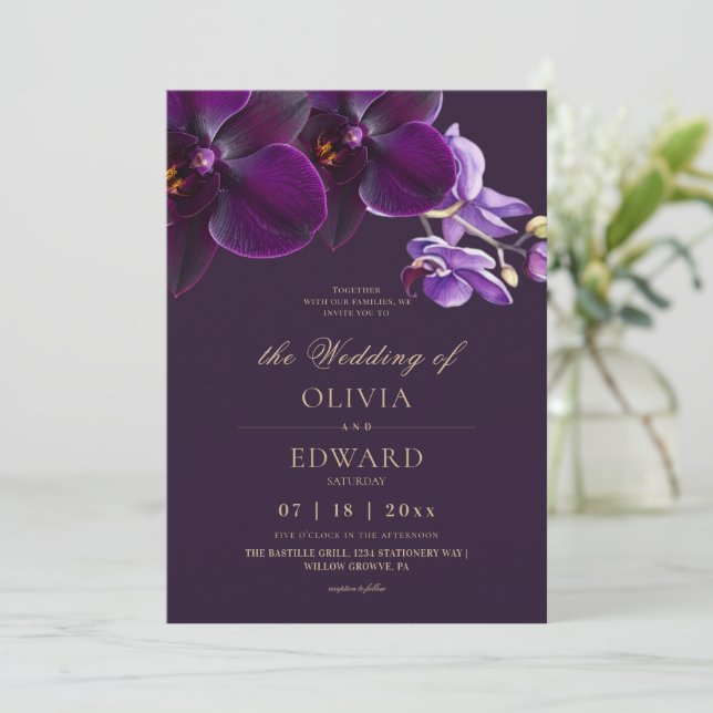 Convites Flores de Orquídea Roxa Casamento  (Em pé/Frente)