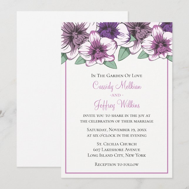 Convites Flores de Orquídea Roxa de Casamento Floral Botâni (Frente/Verso)