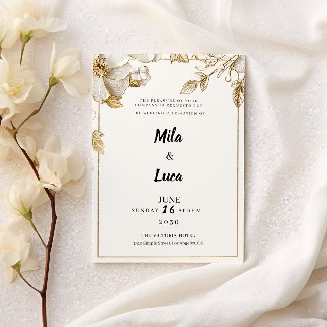 Convites Flores de ouro branco elegante tipografia Casament (Elegant white gold flowers typography Wedding )