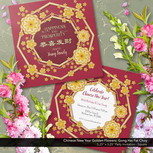 Convites Flores de Ouro Chinesas de Ano Novo: Gong Hei Fat  (Chinese New Year Golden Flowers Party Invitation: Gong Hei Fat Choy )