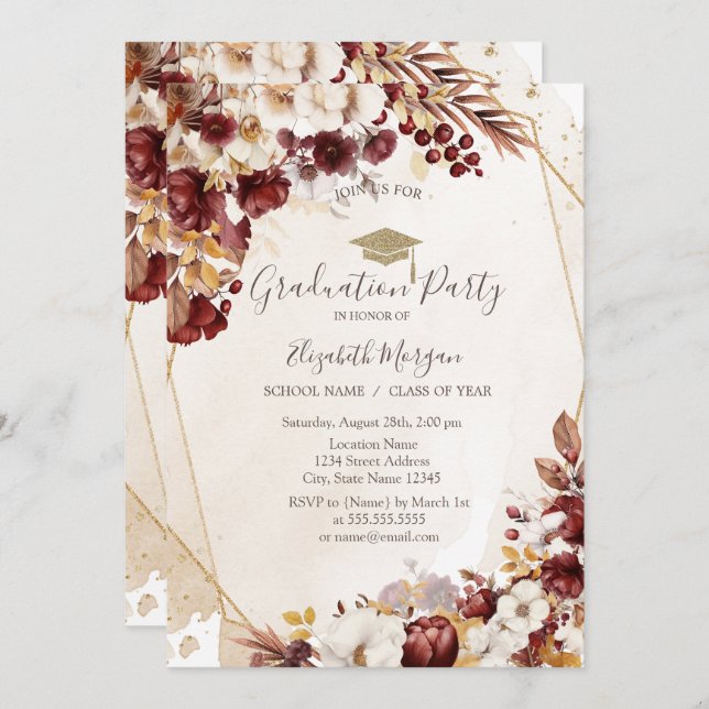 Convites Flores de outono,Boné de Formando,Graduação (Frente/Verso)