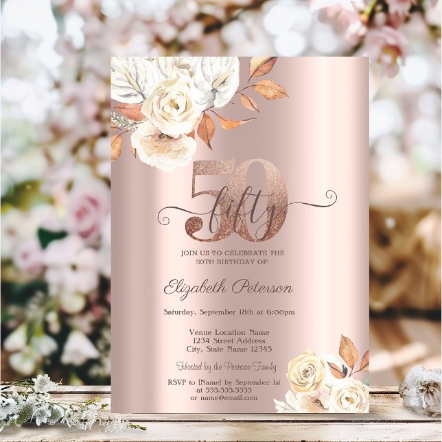 Convites Flores de Outono em Dourado Rosa 50º Aniversário (Criador carregado)
