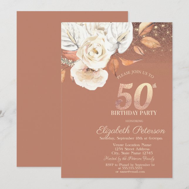 Convites Flores de Outono Luzes Brilho 50º Aniversário (Frente/Verso)