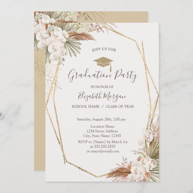 Convites Flores de Pampas,Boné de Formando,Graduação (Frente/Verso)