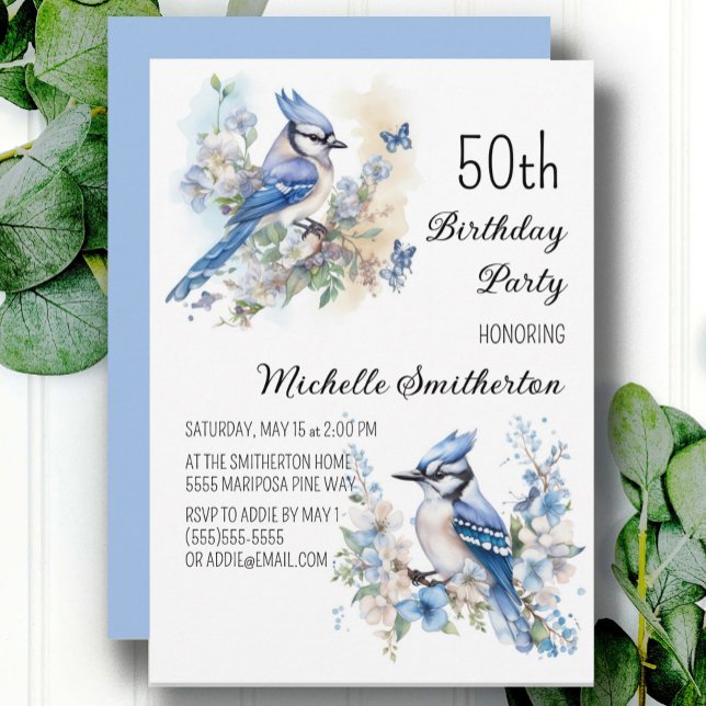 Convites Flores de Pássaro Gaio Azul Primavera Aniversário  (Blue Jay women's 50th birthday party invitation, customizable with your own text. )