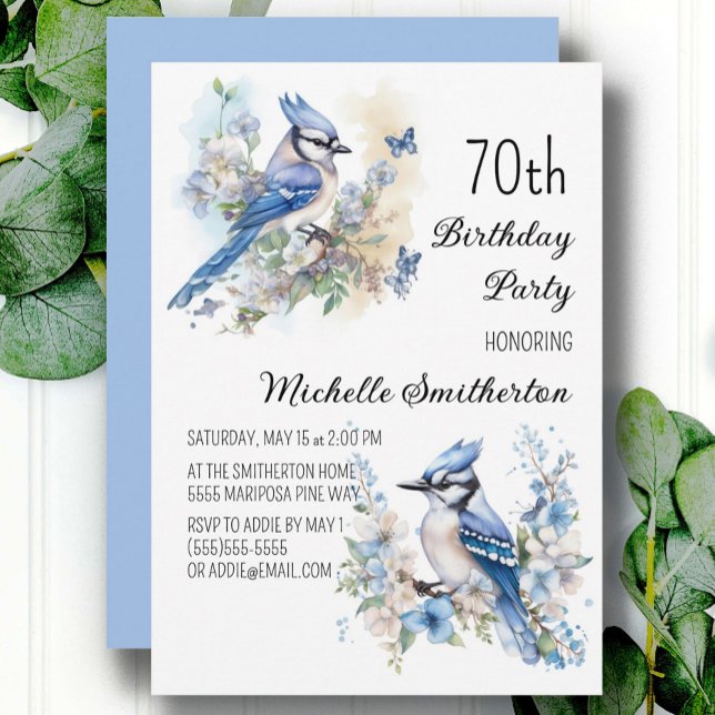 Convites Flores de Pássaro Gaio Azul Primavera Aniversário  (Blue jay women's 70th birthday party custom invitations)