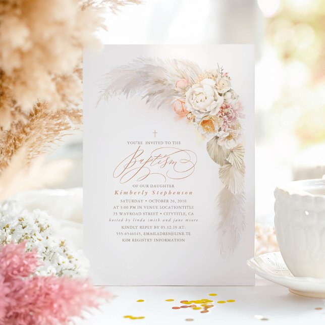 Convites Flores de Pastel mole e batismo de Grama de Pampas (Elegant Soft Hues Flowers Boho Baptism Invitations)