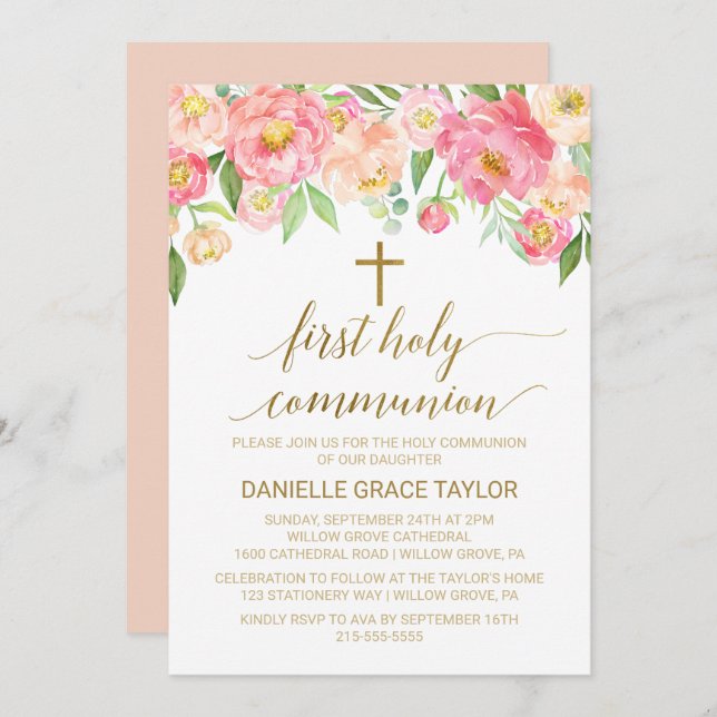Convites Flores de Pêmonas Rosa e Pêssegos Primeira Comunhã (Frente/Verso)
