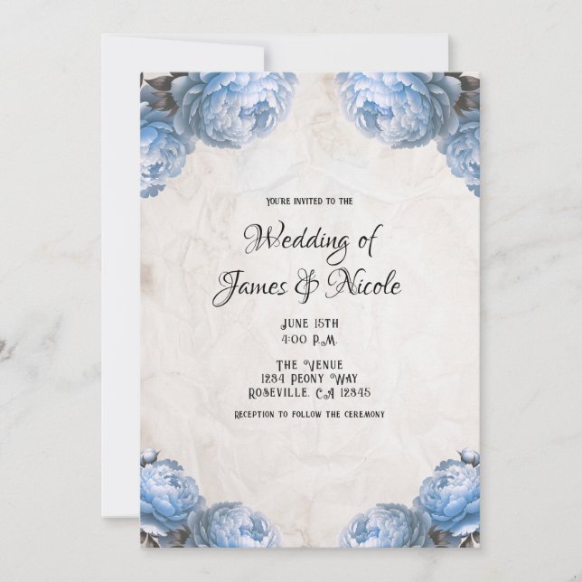 Convites Flores de Peônia Azul Claro Casamento Rústico Vint (Frente)