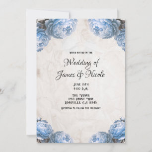 Convites Flores de Peônia Azul Claro Casamento Rústico Vint