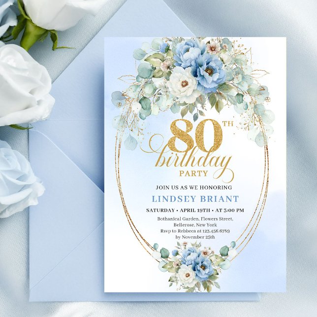 Convites Flores de Peônia Azul Claro em Moldura Dourada Ani (Light Blue Peony Flowers Gold Frame 80th Birthday)