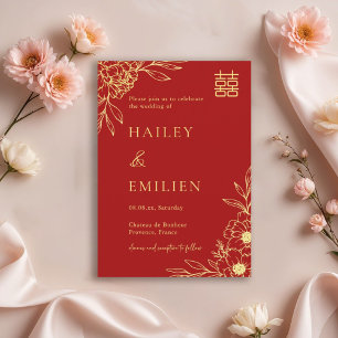 Convites Flores de Peônia Casamento Moderno Chinês Vermelho