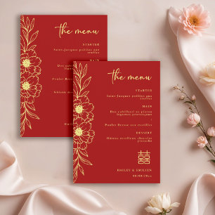 Convites Flores de Peônia Menu de Casamento Moderno Chinês