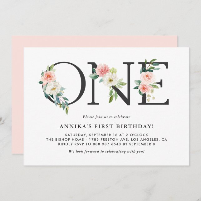 Convites Flores de Pêssego de Aquarela Floral Primeiro Aniv (Frente/Verso)