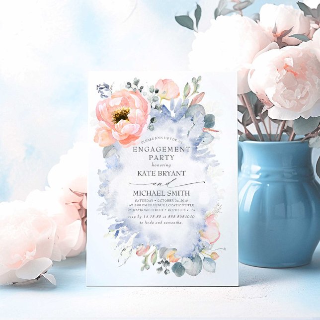 Convites Flores de Pêssego Festa de noivado Elegante Azul e (Dusty Blue Engagement Party Invitations)