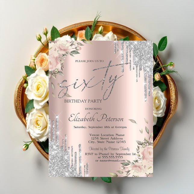 Convites Flores de Prateado com Brilho e Pingos Rosa Dourad (Criador carregado)