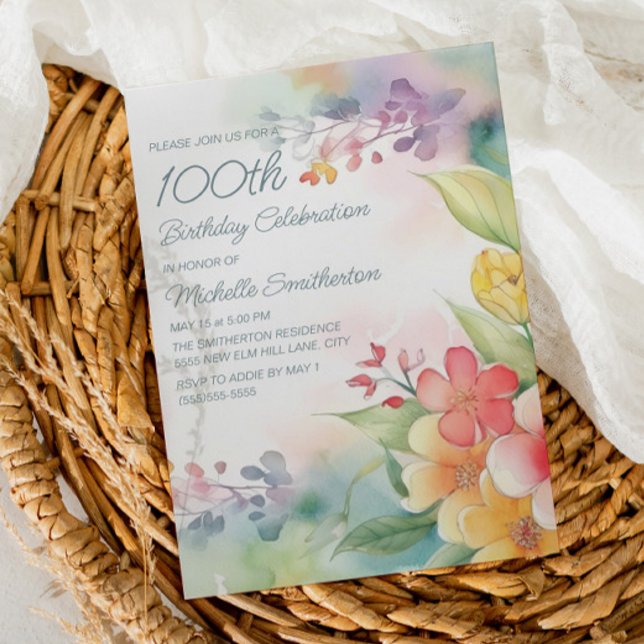 Convites Flores de Primavera em Aquarela 100º Aniversário (Criador carregado)