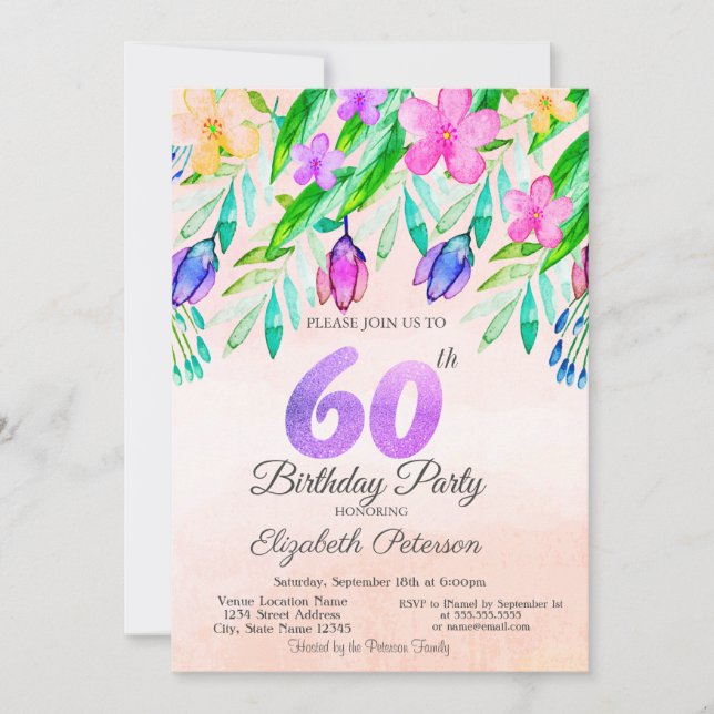 Convites Flores de Primavera em Aquarela 60º Aniversário (Frente)