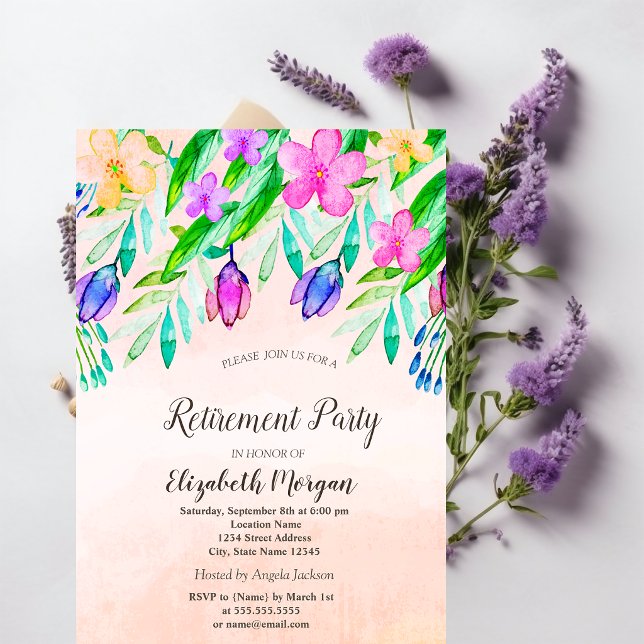 Convites Flores de Primavera em Aquarela Aposentadoria  (Criador carregado)