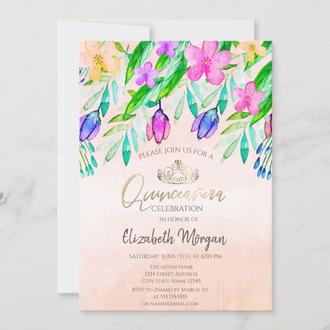 Convites Flores de primavera em aquarela Chic Quinceañera (Frente)
